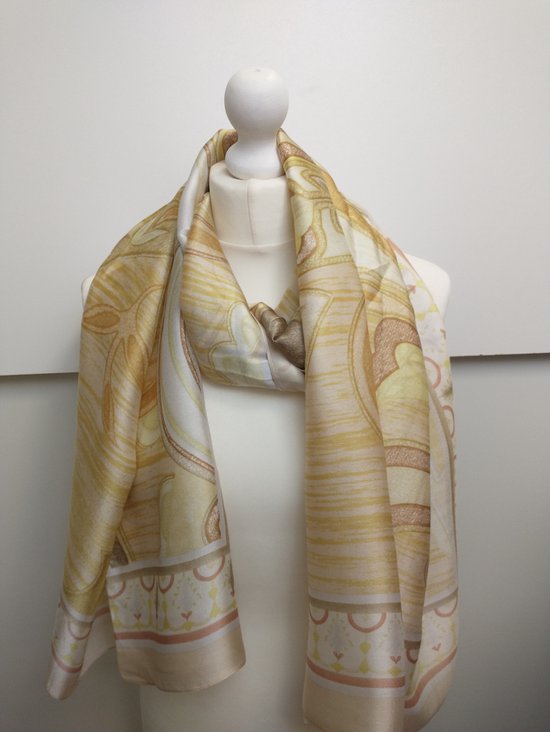 Lange dames sjaal Bea fantasiemotief taupe bruin geel wit oranje beige
