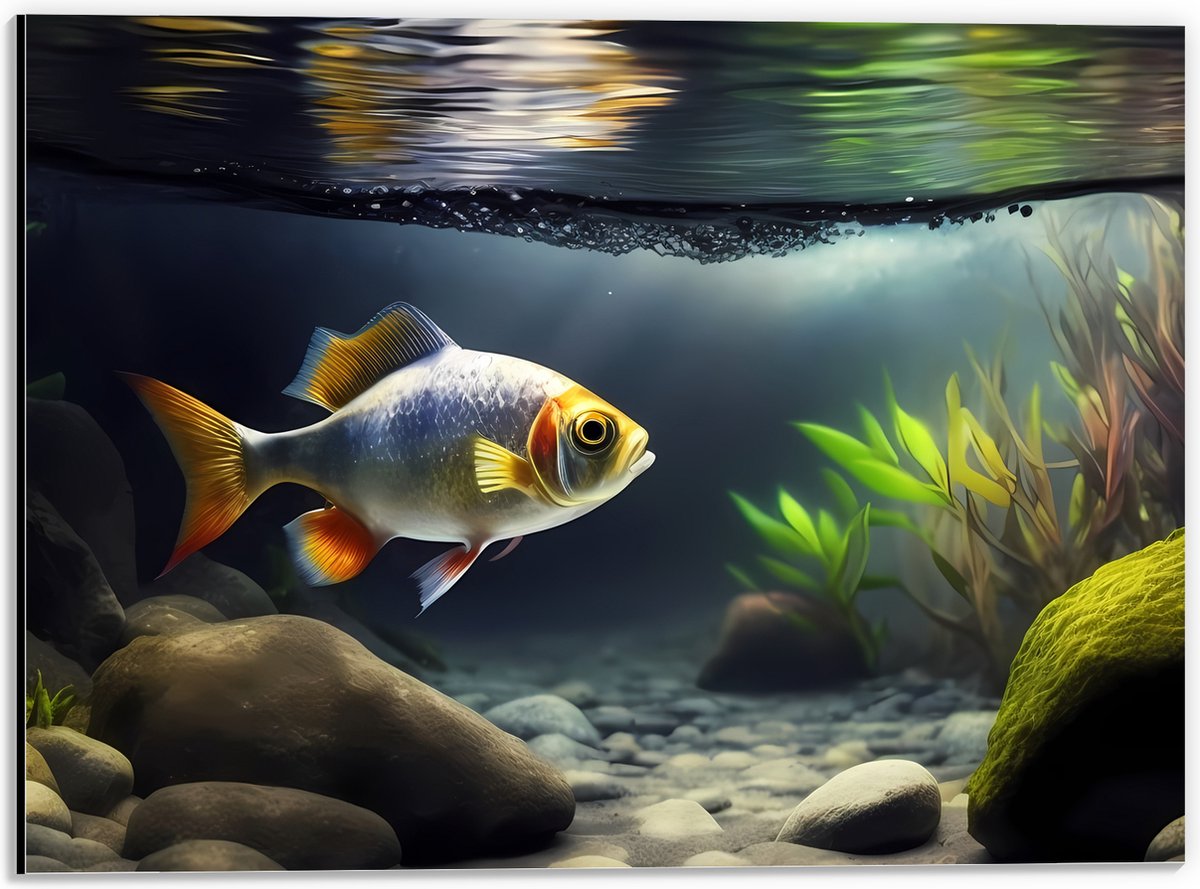 Dibond - Zilver met Oranjekleurige Vis Zwemmend in Aquarium - 40x30 cm Foto op Aluminium (Met Ophangsysteem)
