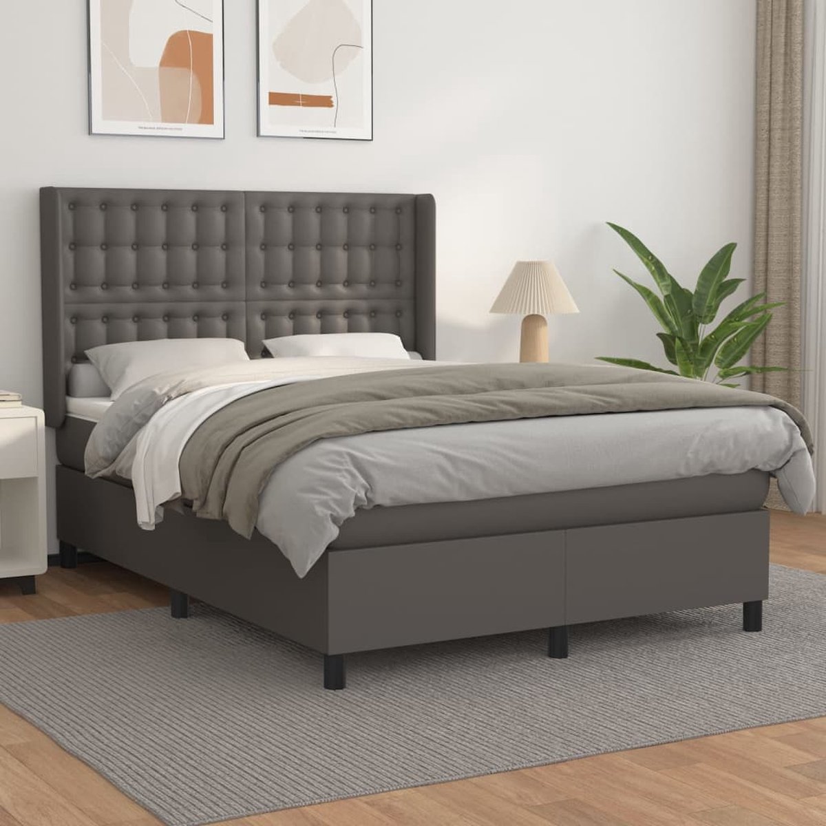 vidaXL - Boxspring - met - matras - kunstleer - grijs - 140x190 - cm