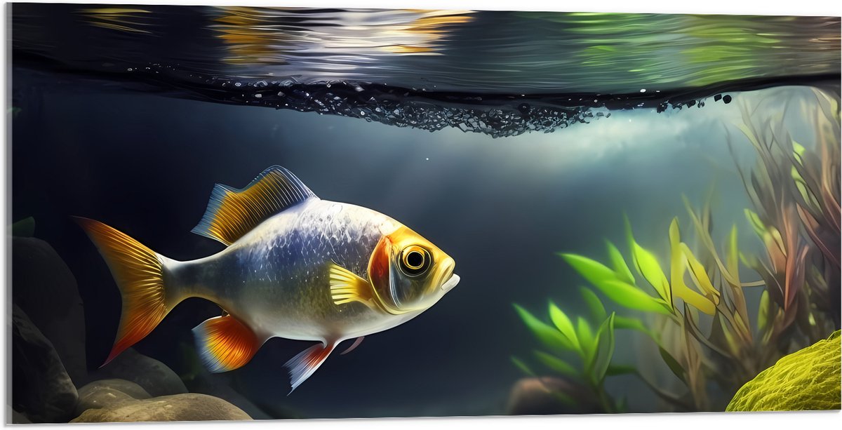 Acrylglas - Zilver met Oranjekleurige Vis Zwemmend in Aquarium - 100x50 cm Foto op Acrylglas (Wanddecoratie op Acrylaat)