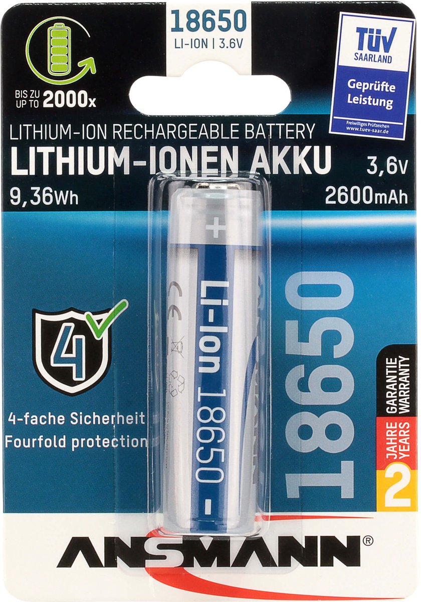 Ansmann Li-Ion Akku 18650 Rechargeable battery Lithium-Ion 2600 mAh - Beveiligd