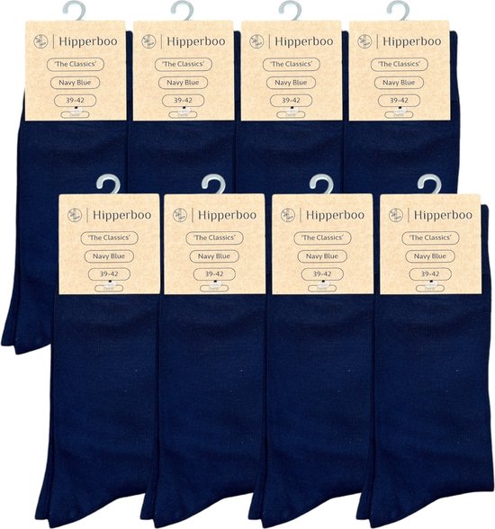 Tien paar donkerblauwe Hipperboo bamboe sokken met kaartjes.