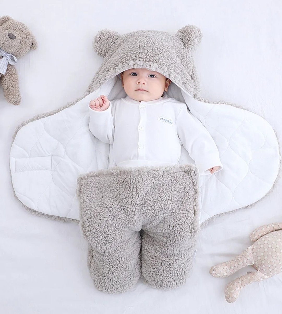 Fleece wikkeldeken grijs - Babyslaapzak - wikkeldoek baby - inbakerdoek baby - teddy inbakerdoek - teddy wikkeldeken - winter slaapzak - winter voetenzak - baby fleece winterpak – foto 3