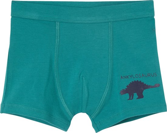 Turquoise boxer met een donkerblauwe Ankylosaurus-print rechts.