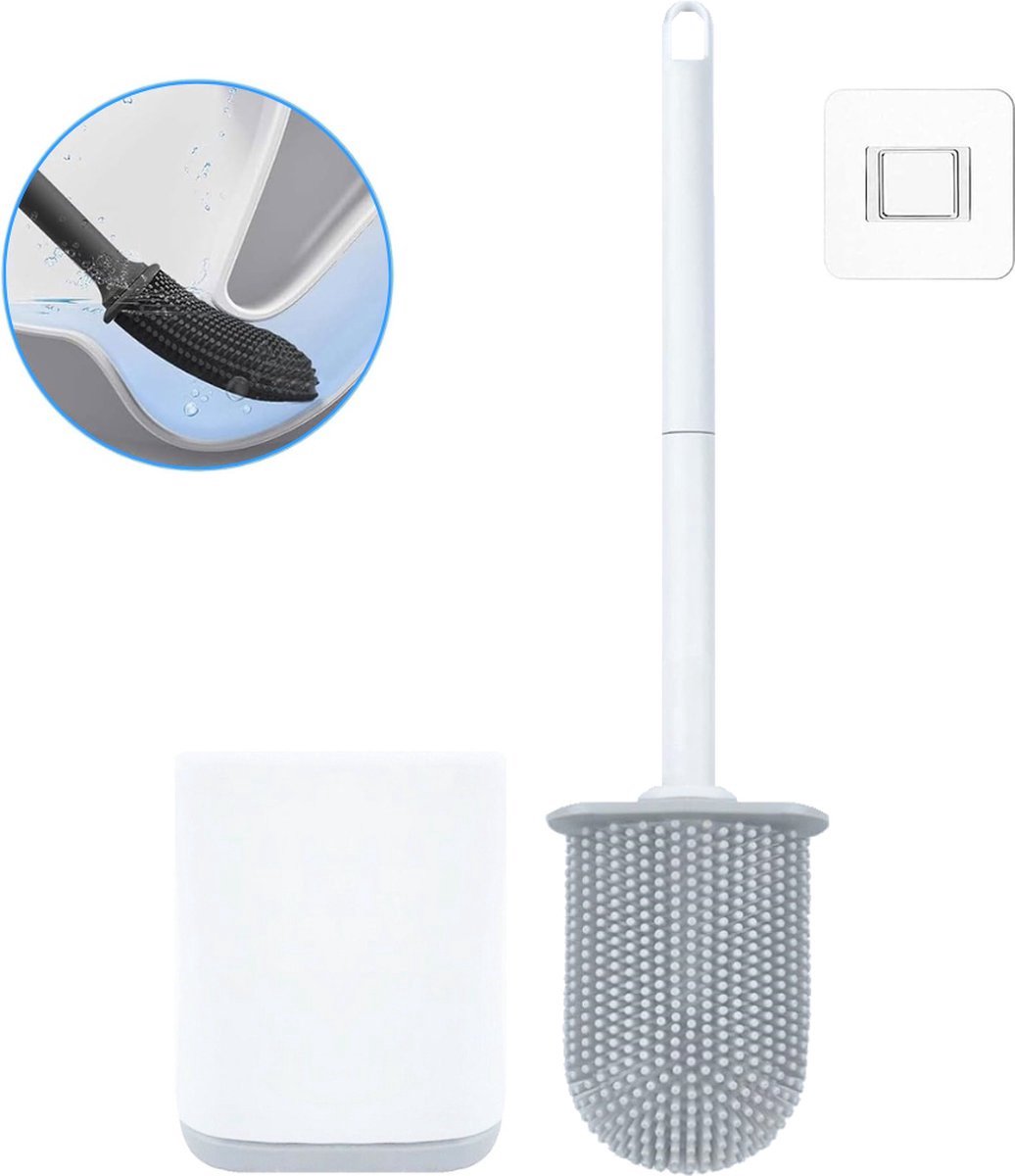 Ultiluxe® Siliconen Toiletborstel met houder - Zonder boren - WC borstel met toilethouder - Wit - Toiletborstel van siliconen - Hangend of staand - Toiletborstelhouder set - Voor toilet of badkamer - Zelfklevende wand strip