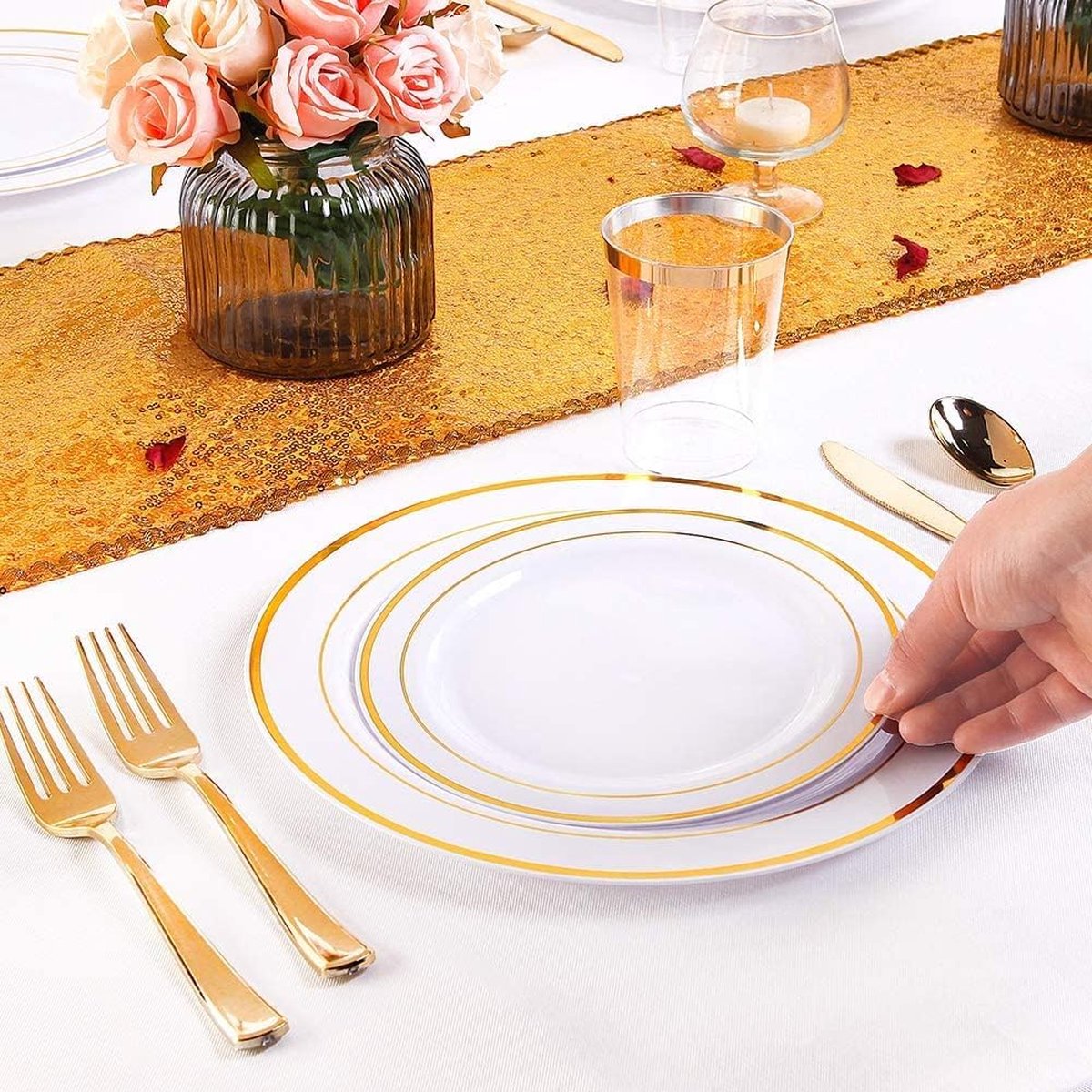 150pcs Gouden Plastic Borden Met Wegwerp Plastic Zilverwerk Thanksgiving Plastic Servies Sets Omvatten 25 Dinerborden 25 Salade Borden 25 Vorken