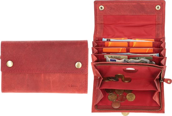 Set van gesloten en geopende rode portemonnee, met vakken voor pasjes en geld.