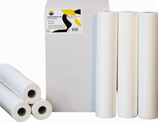 Een doos met zes rollen wit onderzoektafelpapier, ook vier losse rollen, met etiket 'Exam Table Paper'.