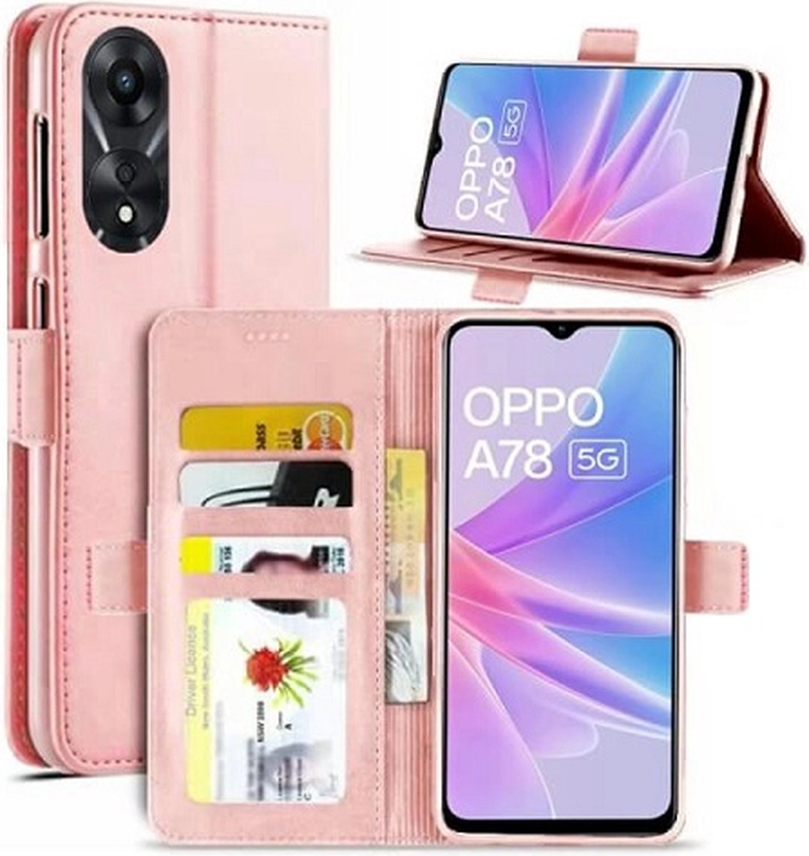 OPPO A78 Hoesje Met Pasjeshouder Bookcase Rose Goud