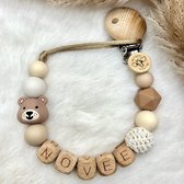 Bij Noe - Speenkoord met naam - VERZENDING BINNEN 24 UUR! - Crème/ Zand/ Wit - Met beer - Naturel - Kraamcadeau - Babycadeau - Speenketting - Babyshower - Unisex