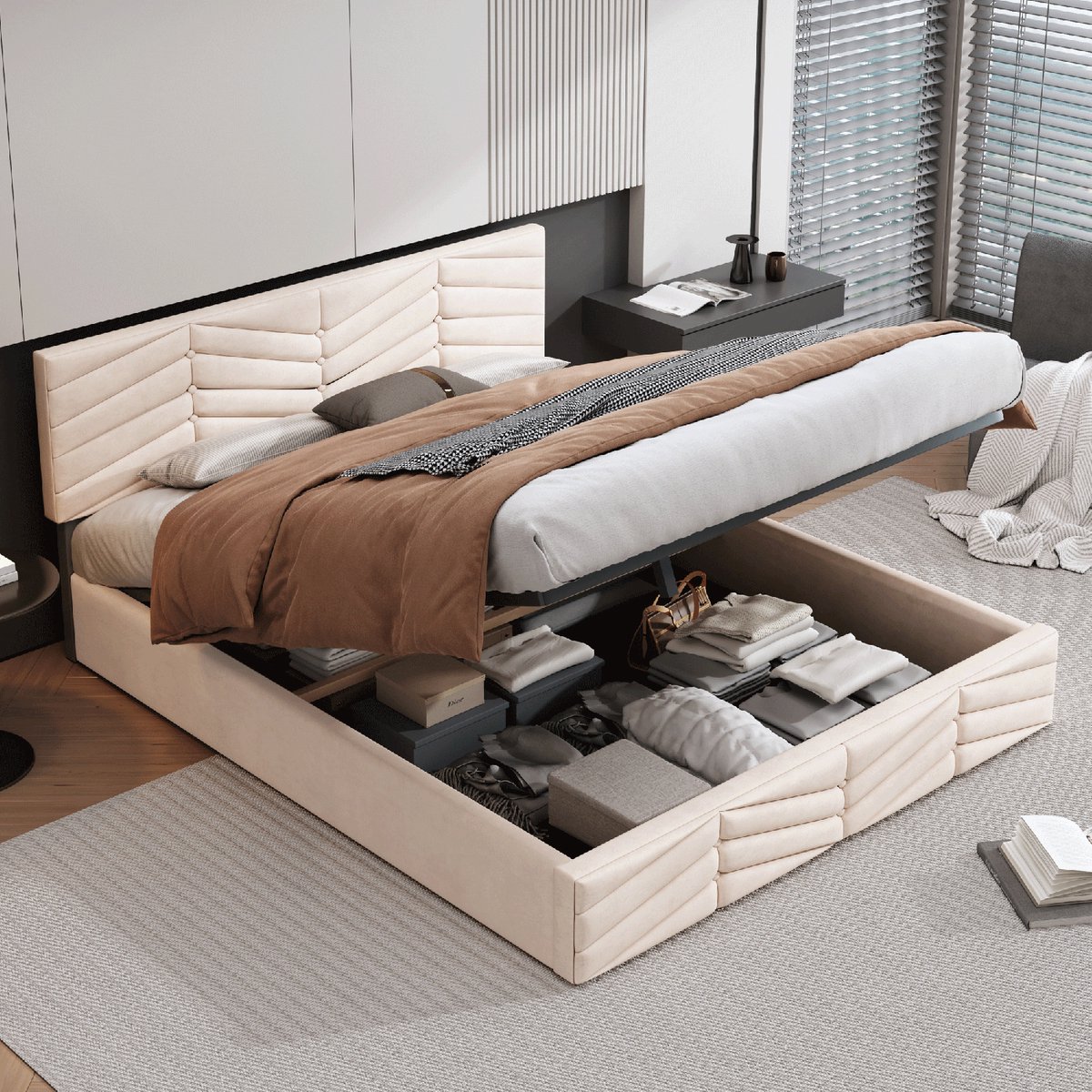 KOMHTOM Bed 140x200 cm Tweepersoons kistbed met fluweelstof lattenbodem in hoogte verstelbaar hoofdeinde beige