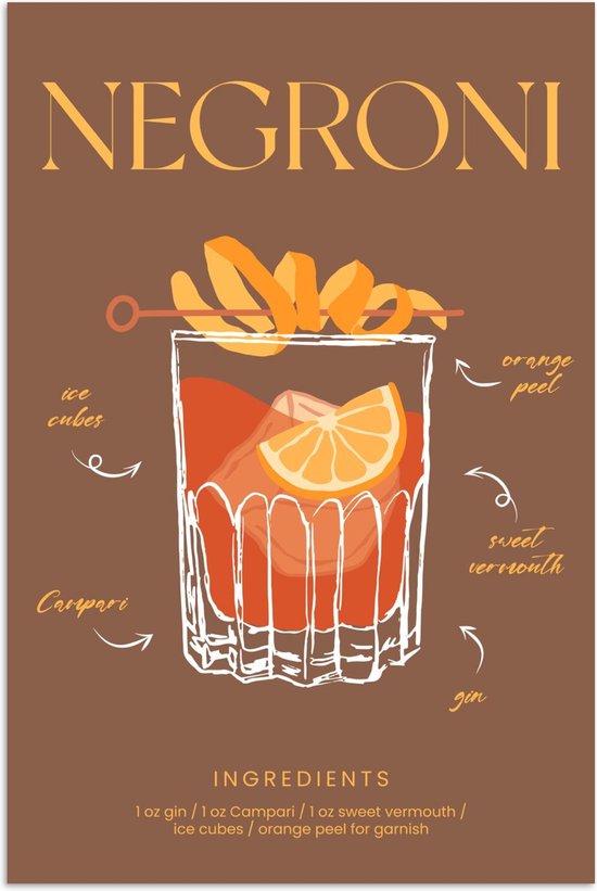Poster 40x60 cm - Negroni - Cocktail - Bruin - Retro - Posters - Wanddecoratie keuken - Muurdecoratie woonkamer - Decoratieve accessoires - Kamer muur decoratie