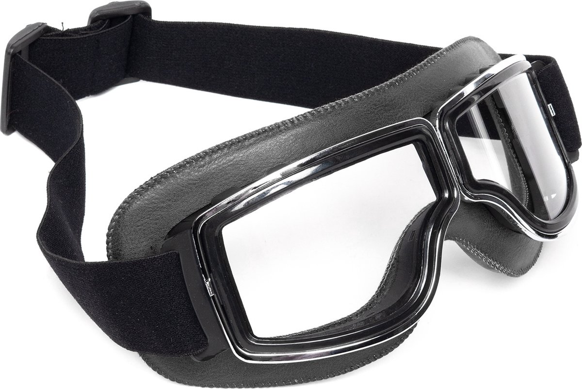 KIMU® Goggles Motorbril Skibril - Bril Zwart Montuur - Heldere Glazen - Pilotenbril Vintage Retro Motor Steampunk Leatherlook Leren Helder Heren Festival