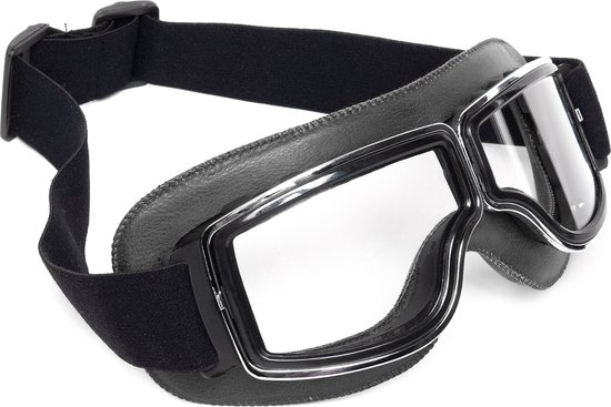 KIMU® Goggles Motorbril Skibril - Bril Zwart Montuur - Heldere Glazen - Pilotenbril Vintage Retro Motor Steampunk Leatherlook Leren Helder Heren Festival