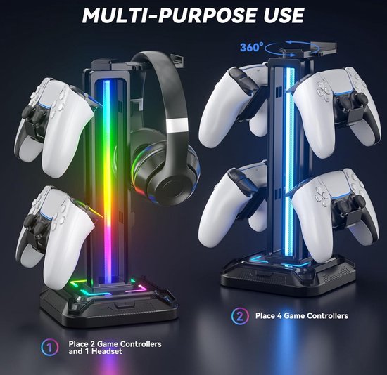 KDD RGB Hoofdtelefoonstandaard met 9 Lichtmodi - Houder voor Controller voor Bureau - Draaibare Hoofdtelefoonstandaard & Afneembare Controller Haak voor PC-Oortelefoon Accessoires (Wit