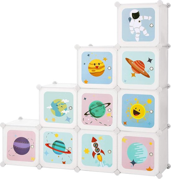 SONGMICS Rekkensysteem Met 15 Kubussen, Opbergkast Voor Kinderen Boutloze Rekken, Plastic Schoenenrek, Garderobe Met Deuren, Multifunctioneel, Schoenen, Speelgoed 8720783104079