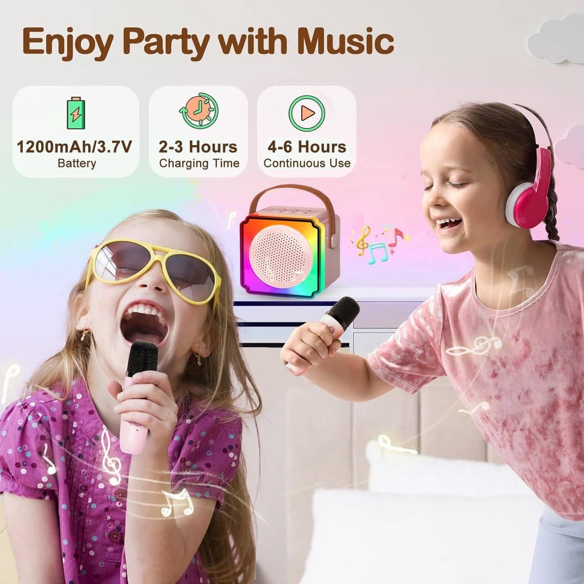 Micro Karaoké Enfants - Machine Karaoké Portable Avec 2 Micros Sans Fil, Lumières LED Disco, Effets De Voix - Cadeau Fille Garçon 3-12 Ans