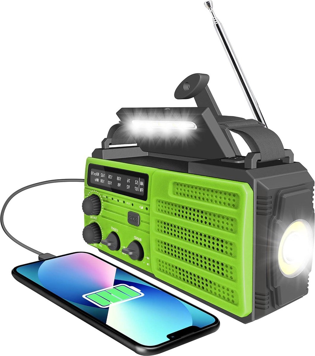 Noodradio Solar Wind Up Dynamo 8000 mAh AM-FM Radio SOS Alarm IPX3 Waterdicht met Kompas en Zaklamp - Groen