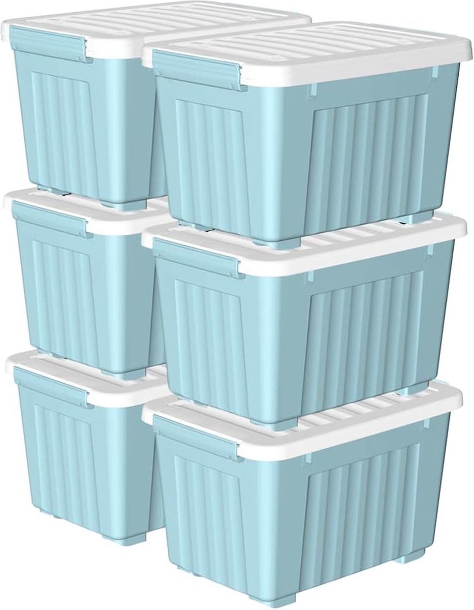 Goodivery ® Ruime Opbergdozen Set van 6 met Deksel, Wielen en Clips - 35L Blauw