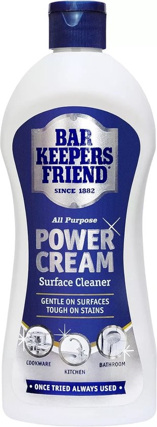 Witte fles Bar Keepers Friend Power Cream met blauw logo. 'All Purpose Power Cream Surface Cleaner'.