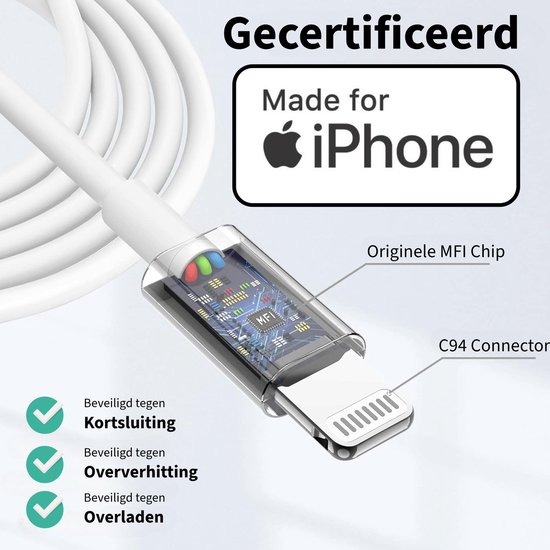 Witte oplaadkabel met Lightning-connector, "Made for iPhone" logo, C94 connector en beveiligingen.
