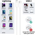 Illustratie van compatibele Apple-apparaten met Lightning en USB-C poorten, inclusief iPhone, iPad en AirPods.