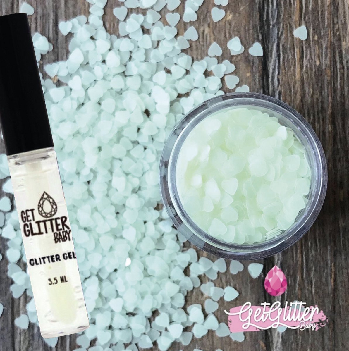 GetGlitterBaby® - Chunky Festival Glitters Sterretjes voor Lichaam en Gezicht Jewels Gel Huid lijm / Bio Vegan Biodegradable Biologische Face Body Glitter - Glow in the dark Hartjes + Glittergel Huidlijm