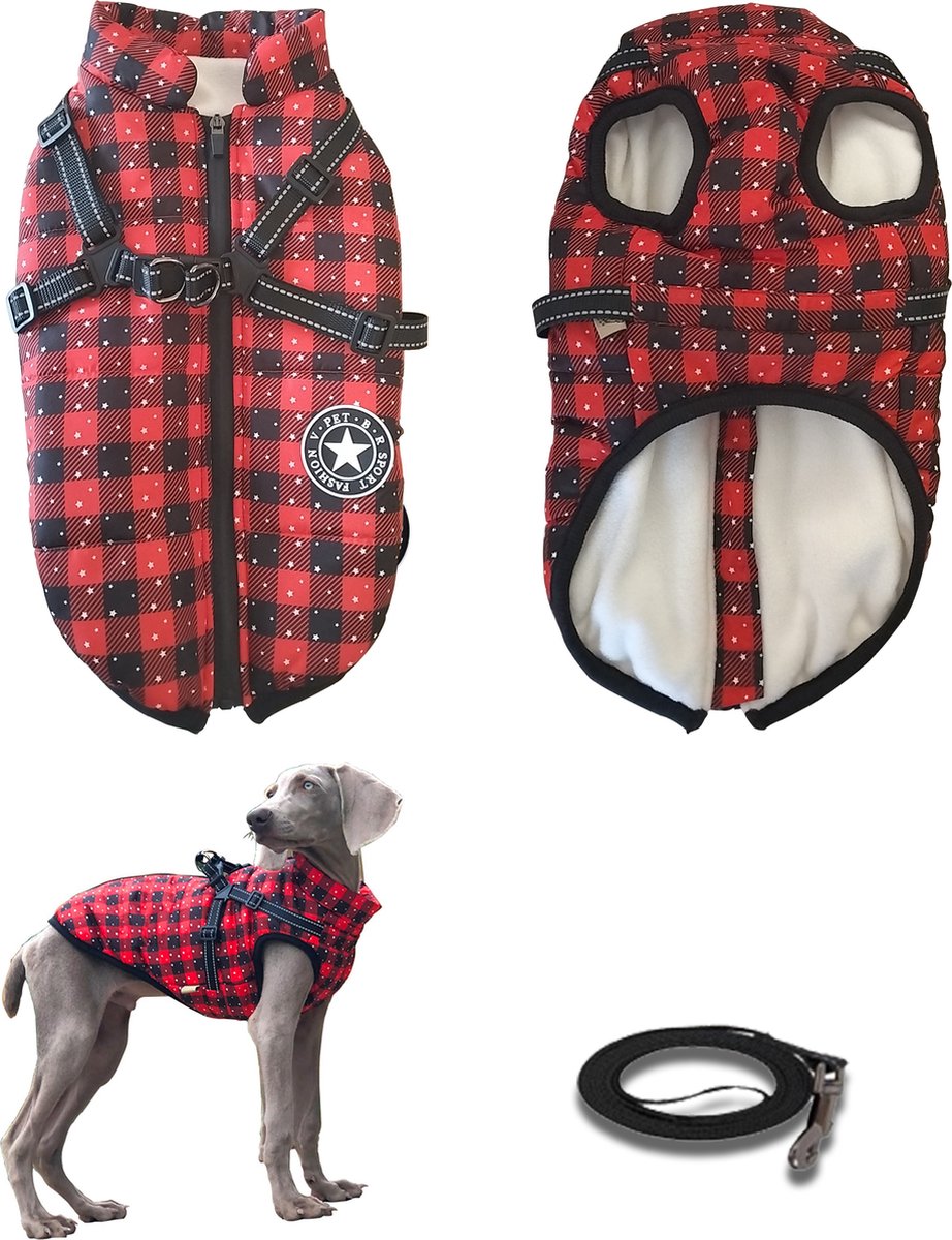 Geweo Honden Jas - Hondenjas - Dog Jacket - Met aanlijn Geweo Hondenjasjes voor Hondjes - Dog Jacket - Met aanlijn ringKleine Hond -Waterafstotend - Gevoerd met rits - Warme hondenjas - Maat 2XL - Rood Raster - Trektouw 1.5 M
