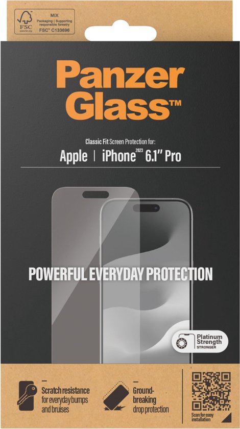 Verpakking PanzerGlass Classic Fit Screenprotector voor Apple iPhone 6.1" Pro.