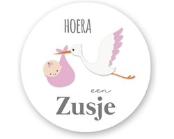 25x Stickers hoera een zusje Ooievaar -roze wit - Sluitsticker envelop - traktatie stickers broertje of zusje- Geboorte - Baby geboren - Sticker - Wensetiket - Kraamcadeau - Sluitsticker geboortekaart meisje - Sluitstickers Pimp Studio