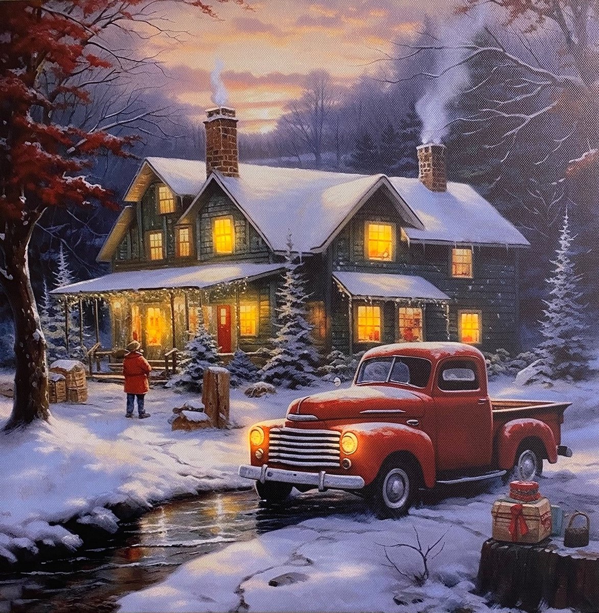 Schilderij vierkant met led verlichting - Canvas op houten frame - Huis met rode Truck in besneeuwd bos - 8 x LED - 40 x 40 cm - Kersthuisjes en Kerstdorp met verlichting