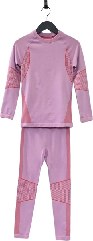 Ducksday - Set Thermisch Ondergoed - Thermokleding - Kinderen - Unisex - Set T-shirt en broek - Tweedelig - Lila - Roze - Maat 140/146
