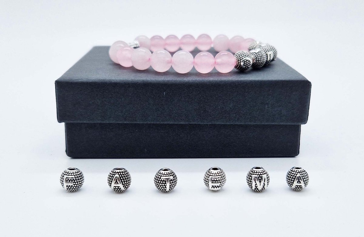 Handgemaakte Natuurstenen armband met metaal naam "Roze kwartz" - Met je naam of de naam van uw geliefde- 8 mm diameter van de korrel- Diameter armband 20 cm - Een mooi cadeau voor familie en vrienden