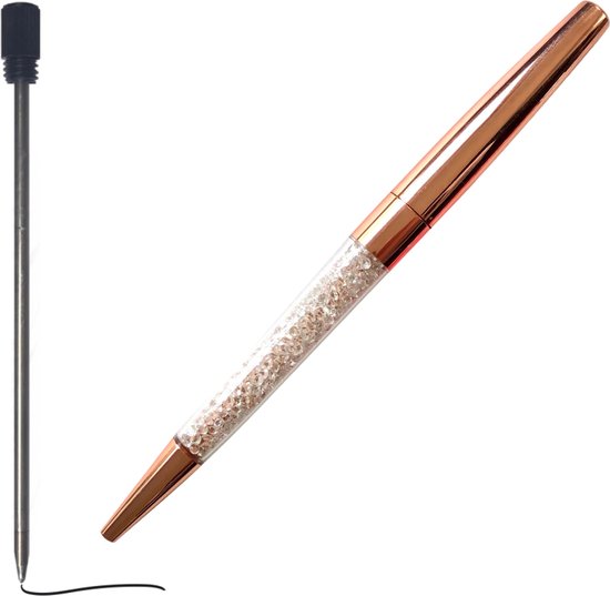 Een pen met kristallen en rosegouden details, naast een navulling.