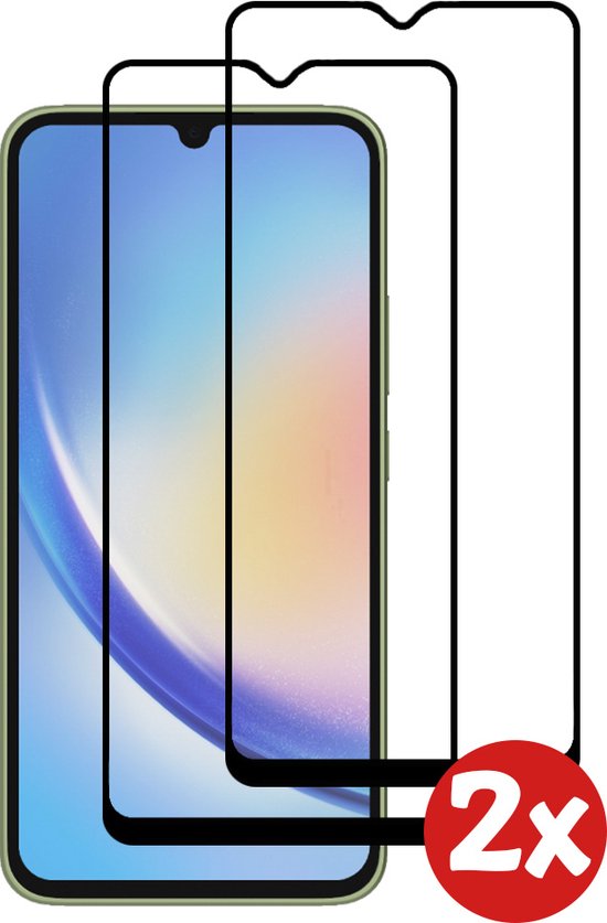 Een smartphone met groene rand en twee gehard glazen screenprotectors met zwarte randen, met een rode '2x' cirkel.