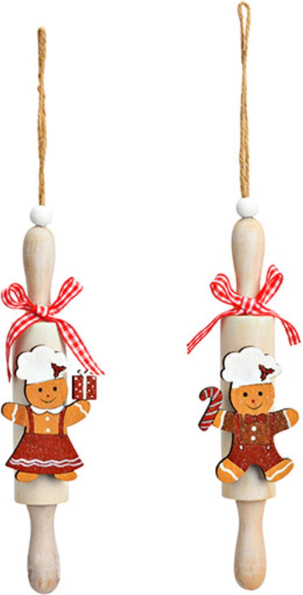 Kersthanger houten deegroller set met peperkoek poppetjes - 17cm - kerstbal deegroller gingerbread - Ornament rolling pin