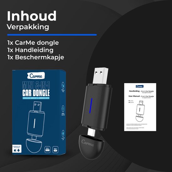 CarMe Mini 2-in-1 CarPlay Dongle - USB-A & USB-C - Draadloos CarPlay & Android Auto - Android Auto Dongle - Zwart