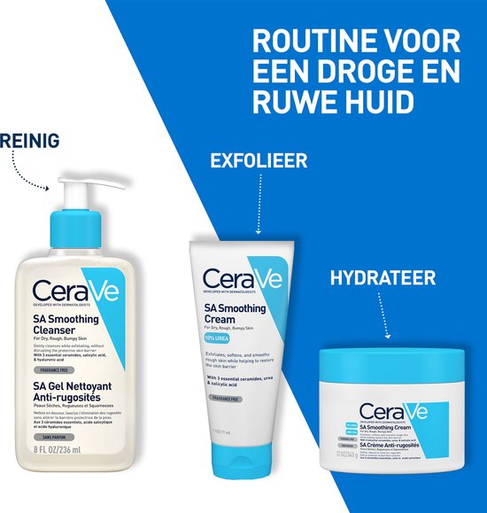 Producten van CeraVe voor reiniging, exoliëren en hydrateren van droge, ruwe huid.