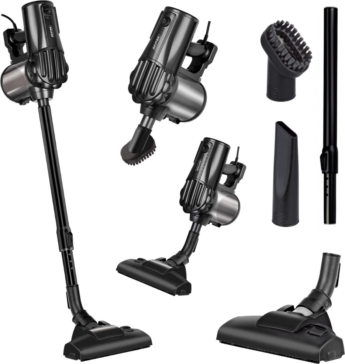 MPM Lichtgewicht Zakloze Steelstofzuiger met ingebouwde Kruimeldief 2-in-1 Stofzuiger zonder Zak 600W - HEPA Filter - Zwart