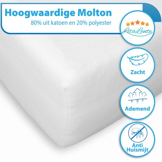 Wit LitaLente® molton hoeslaken. Gemaakt van 80% katoen en 20% polyester. Zacht, ademend en anti-huismijt.