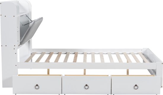 Sweiko Tweepersoonsbed, Open schap, Drie laden met wieltjes, Metalen handgrepen, Opbergvak met neerklapbare deur, Frame van grenen, Adolescent en volwassene, Grenen+MDF, Wit+Grijs, 140x200cm
