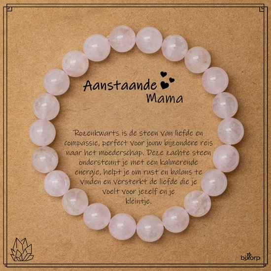 Rozenkwarts armband op "Aanstaande Mama" kaartje. Tekst beschrijft de steen.