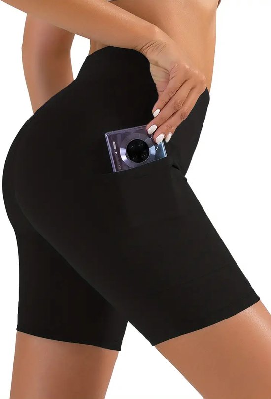Foto: Softflow korte sport broek met zakken half lang super soft short pocket legging short dames sportbroek sportlegging korte broek met zakken comfortabel zwart maat s