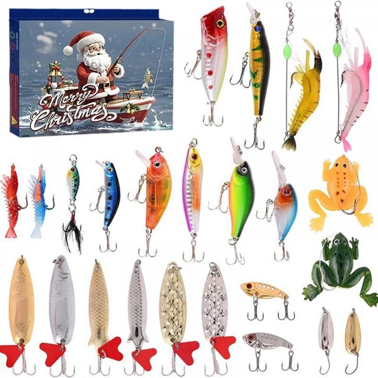 Adventskalender - kerstmis cadeau - Vissen - Kerstmis aftellen - Kunstaas set - Vissenaccessoires kit - Vis set - Kunstaas - Visaccessoires met 24 vakken - 24 verschillende kleuren/vormen vishaken