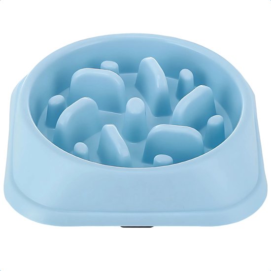 Babyblauwe slowfeeder voerbak met interne verhogingen en obstakels om langzaam eten te stimuleren.