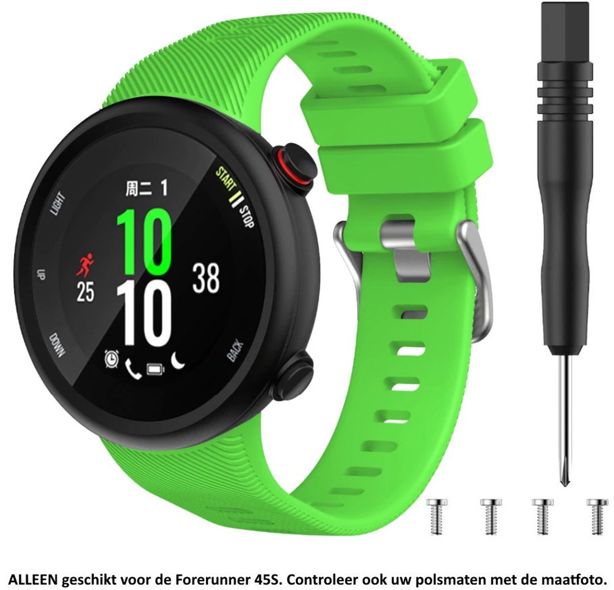 Groen siliconen horlogebandje geschikt voor de Garmin Forerunner 45S - Maat: zie maatfoto - horlogeband - polsband - strap - siliconen - green rubber smartwatch strap