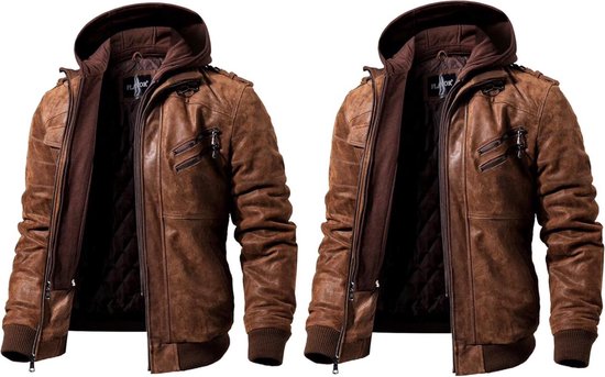 Heren Leren Jas Met Afneembare Hoodie herenjas