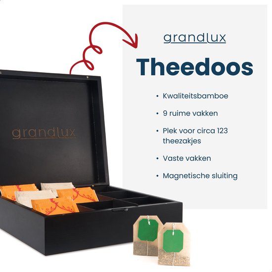 Grandlux Theedoos 9 Vaks - Magneetsluiting - Ruime Vakken voor