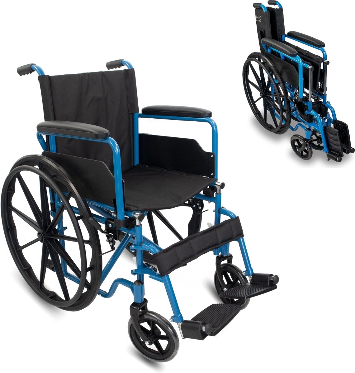 Goedkoopste Mobiclinic Marsella - Vouwrolstoel - Rolstoel - Wielen met snelsluiting en drukknop - Stevig - Zitting 46cm - Inklapbare voetsteun en armleuningen - Remhendel - Blauw