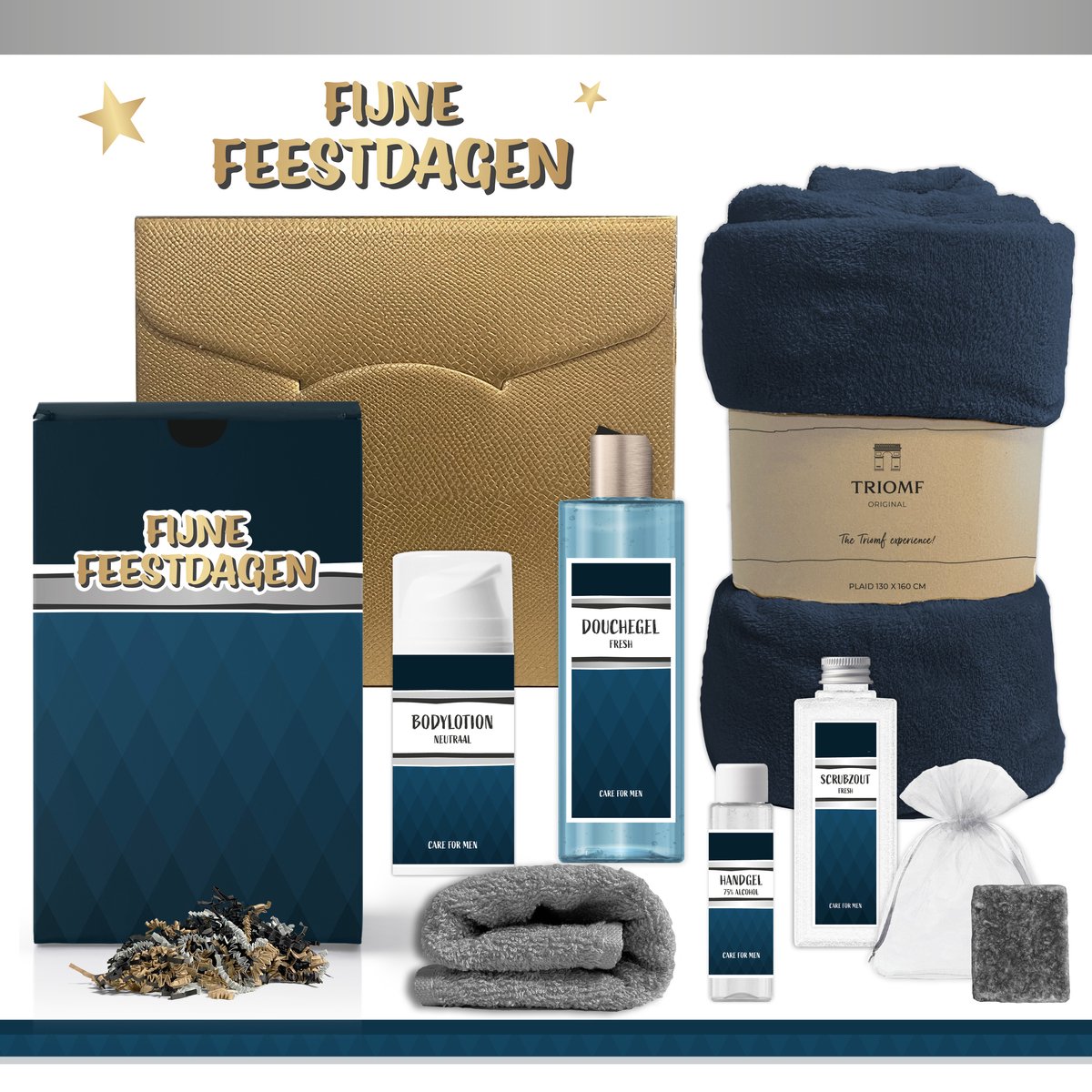 Goedkoopste Geschenkset “Fijne Feestdagen!” - 7 producten - 1410 gram | Luxe Kerst Cadeaubox voor hem - Wellness Pakket man - Giftset Fijne feestdagen - Cadeaupakket Prettige Kerstdagen - Kerstcadeau - Kerstpakket Cadeau - Relatiegeschenk - Gift Goud - Blauw